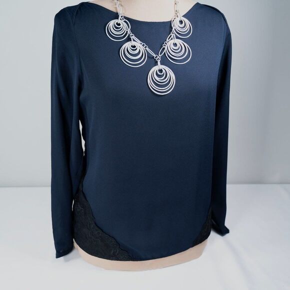 LOFT Forever Navy Black Lace Paneled Blouse - Picture 2 of 11
